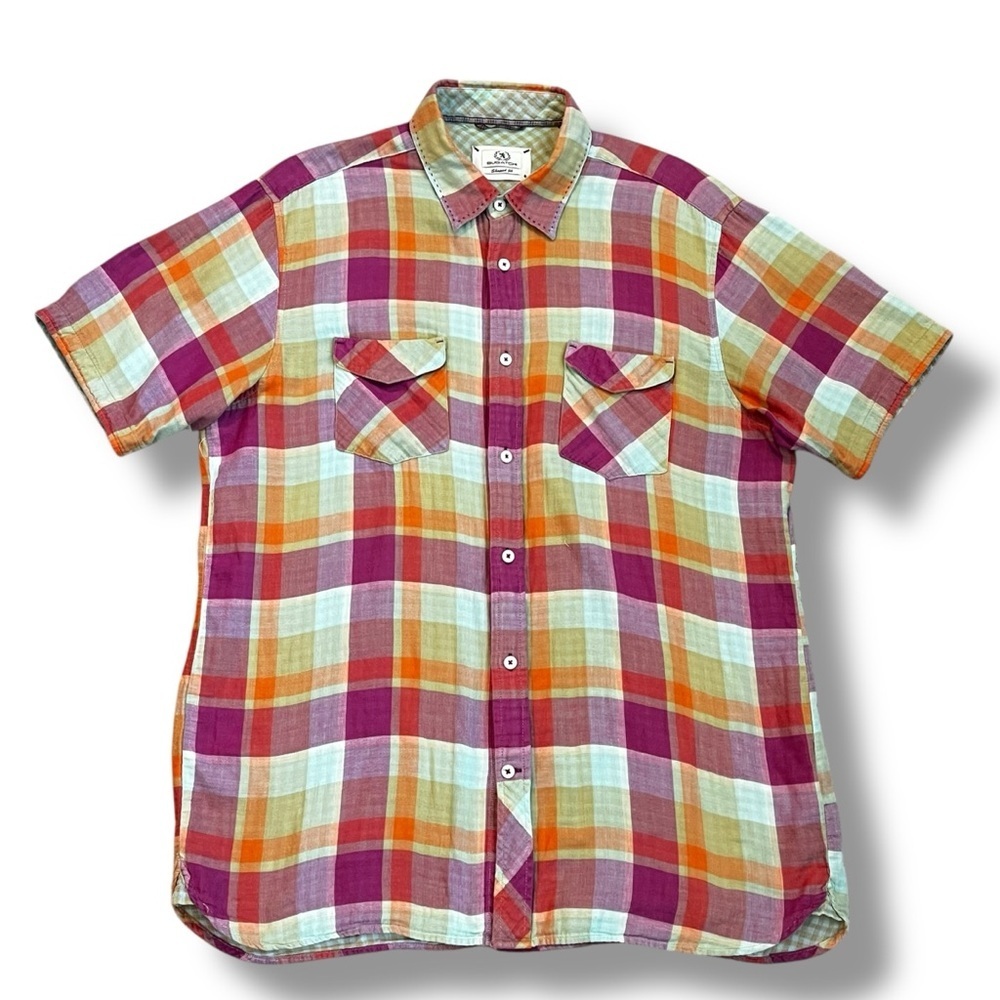 Bugatchi Plaid Shirt Short Sleeve Button Up Pockets Shaped Fit Colorful Large